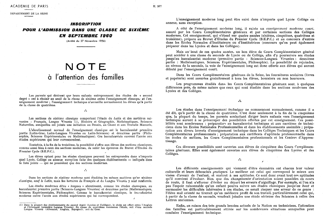 Admission en 6ème pour les élèves du privé. 1960