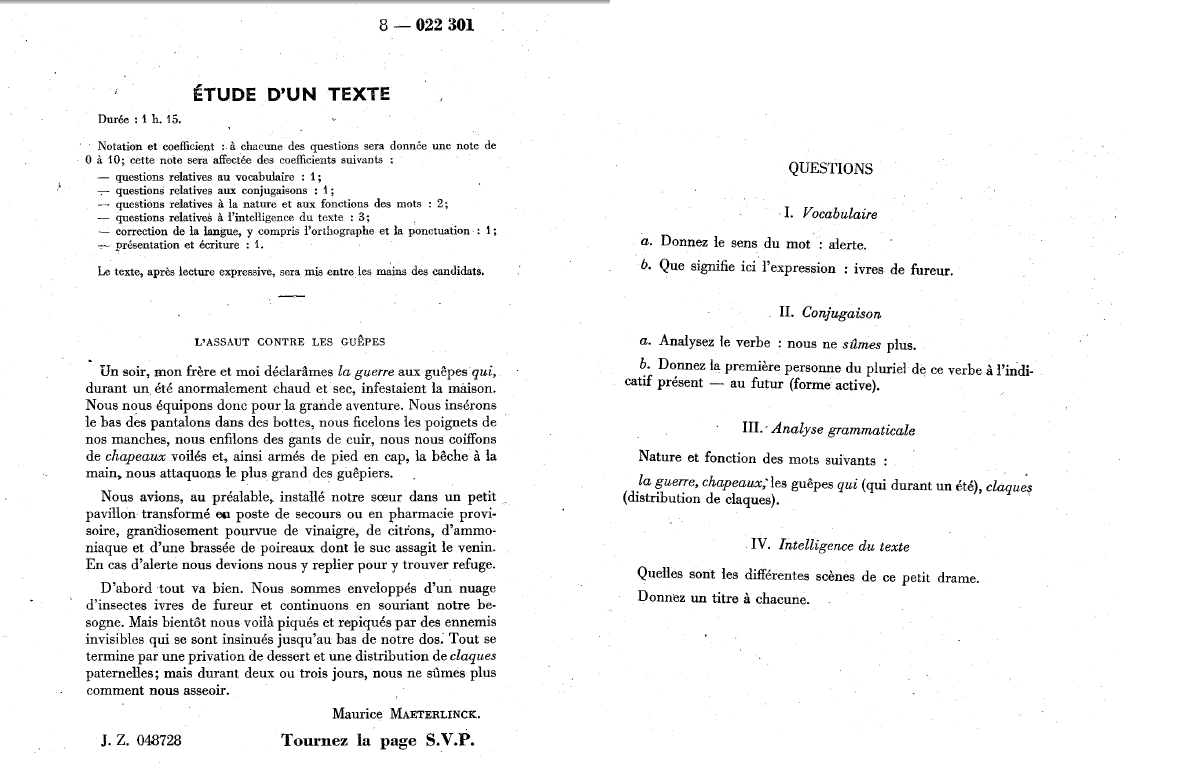 Entrée en 6ème. Français. 1960