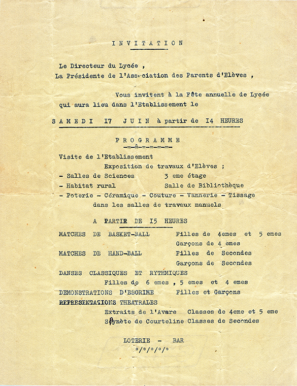 Invitation à la fête du Lycée 17 juin 1961.