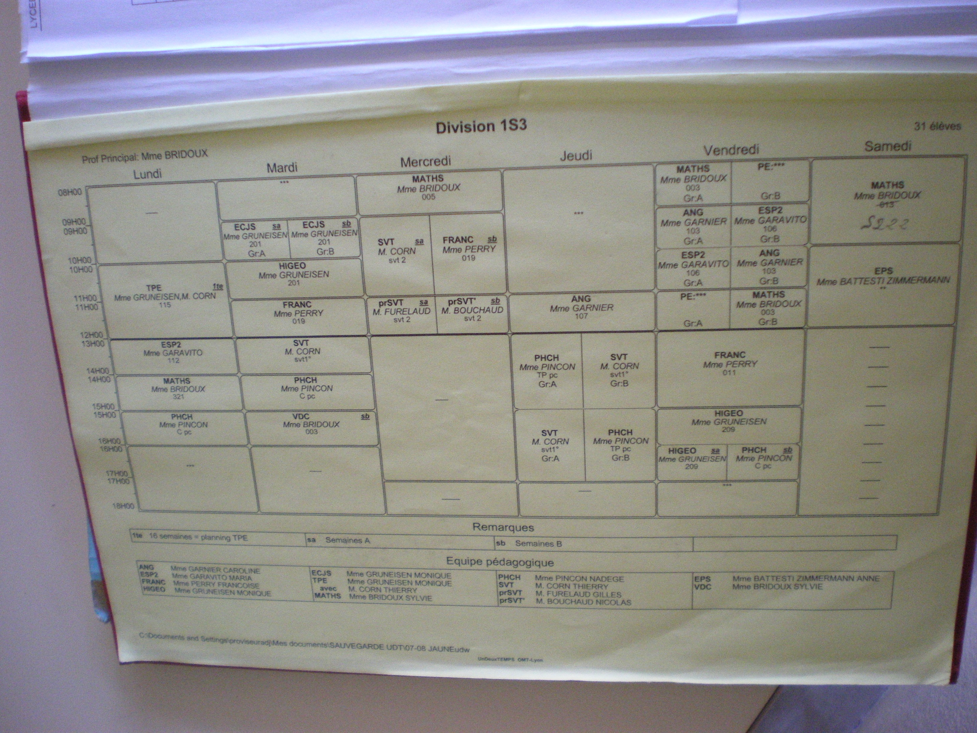 2007 2008 1ere S3 emploi du temps et professeurs