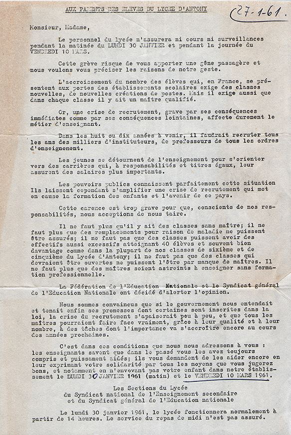 Grève de 1961. Lettre des syndicats.