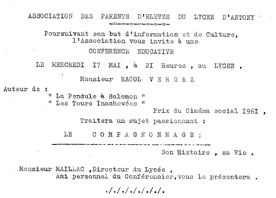 Invitation. Conférence de M. Raoul Vergez. 1961